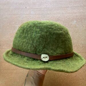 Hand Felted Wool Hat with Walnut Button and Leather Strap